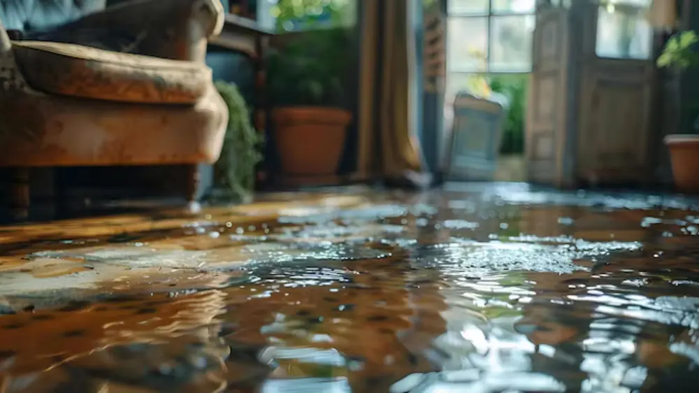 Water across a living room floor beside an armchair and houseplants