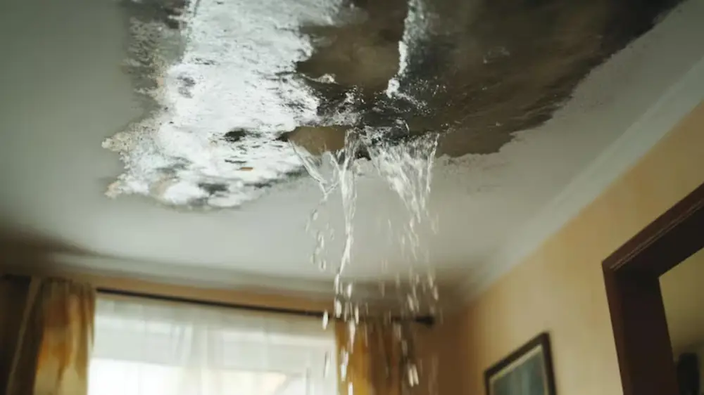Water dripping through a stained ceiling inside a room