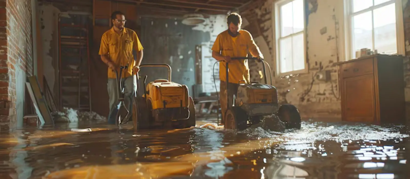 Two workers in yellow shirts operating floor equipment in a flooded room